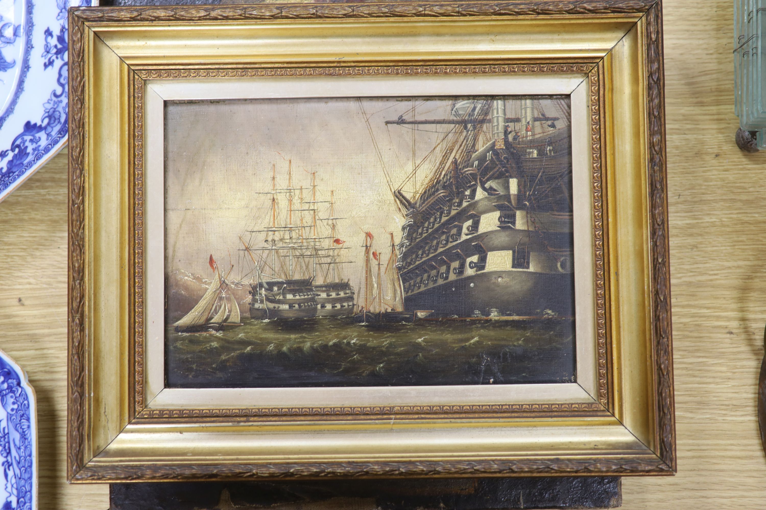 19th century English School, oil on panel, Warships in harbour, 19 x 27cm